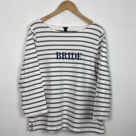 J.Crew L Bride Boatneck Top Striped Gray White Navy Cotton Wedding Bachelorette - Picture 2 of 12